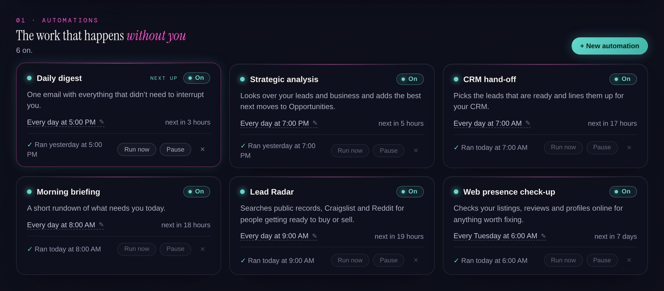Automations: Lead Radar, the morning briefing, CRM hand-off, the web presence check-up, strategic analysis and the daily digest, each on its own schedule.