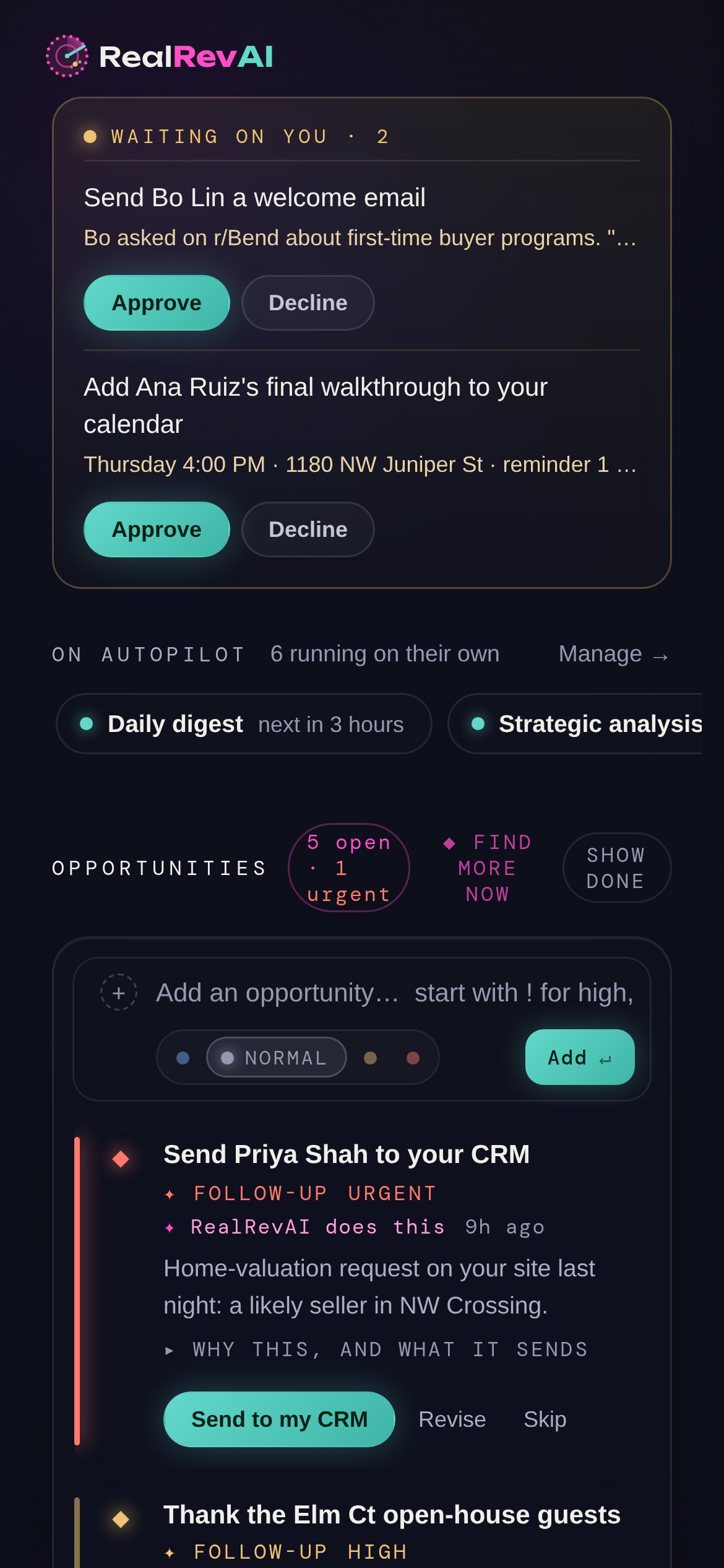 RealRevAI on a phone: approvals waiting, automations on autopilot, and today's ranked opportunities.