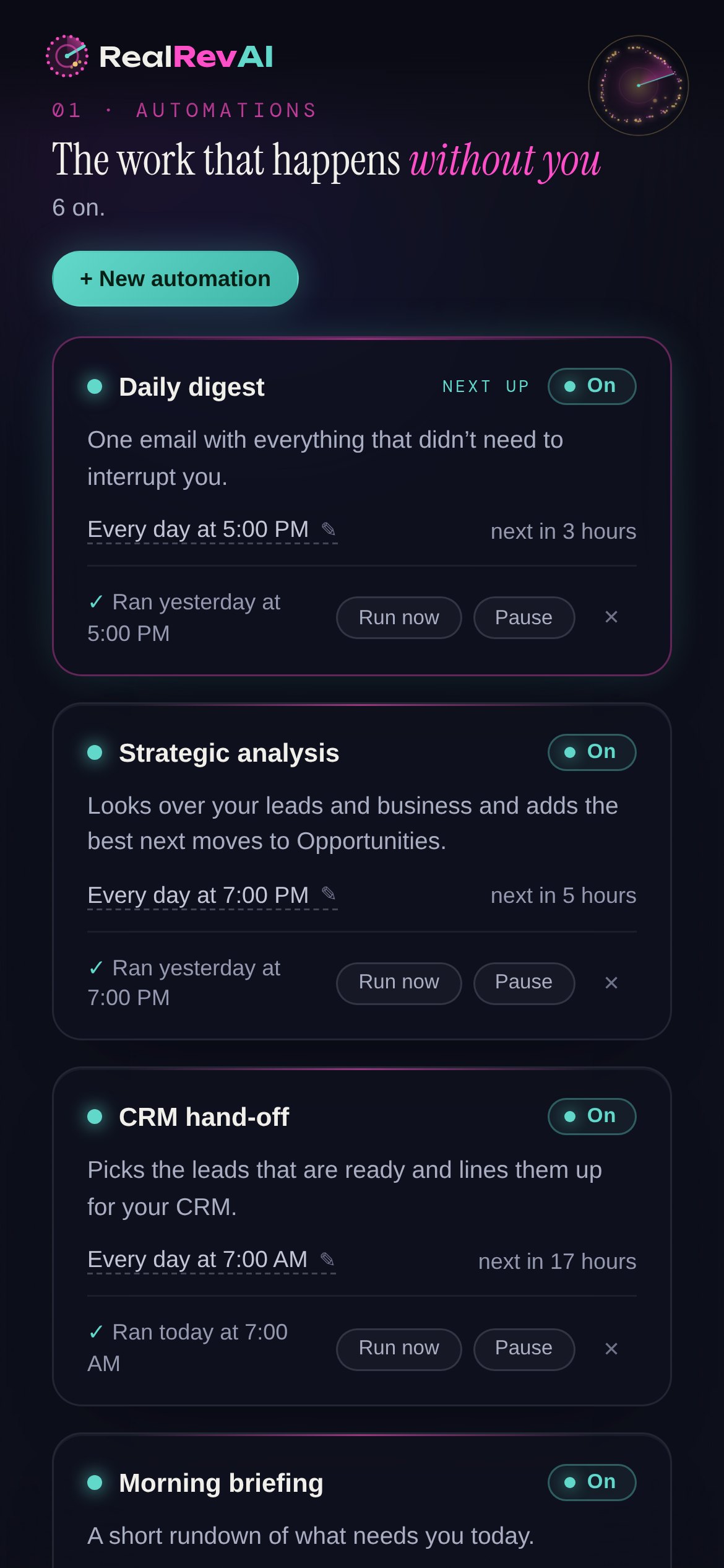 Automations on a phone, each with its schedule and how the last run went.
